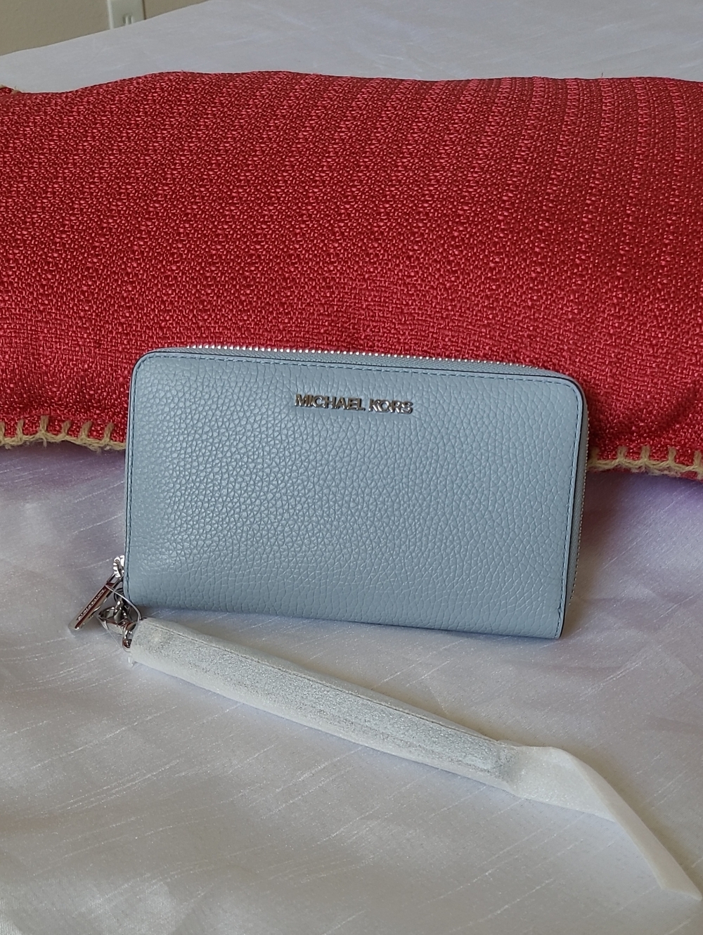 Michael Kors Light Blue Pebbled Leather Zip Wallet with Silver Logo (NWT)